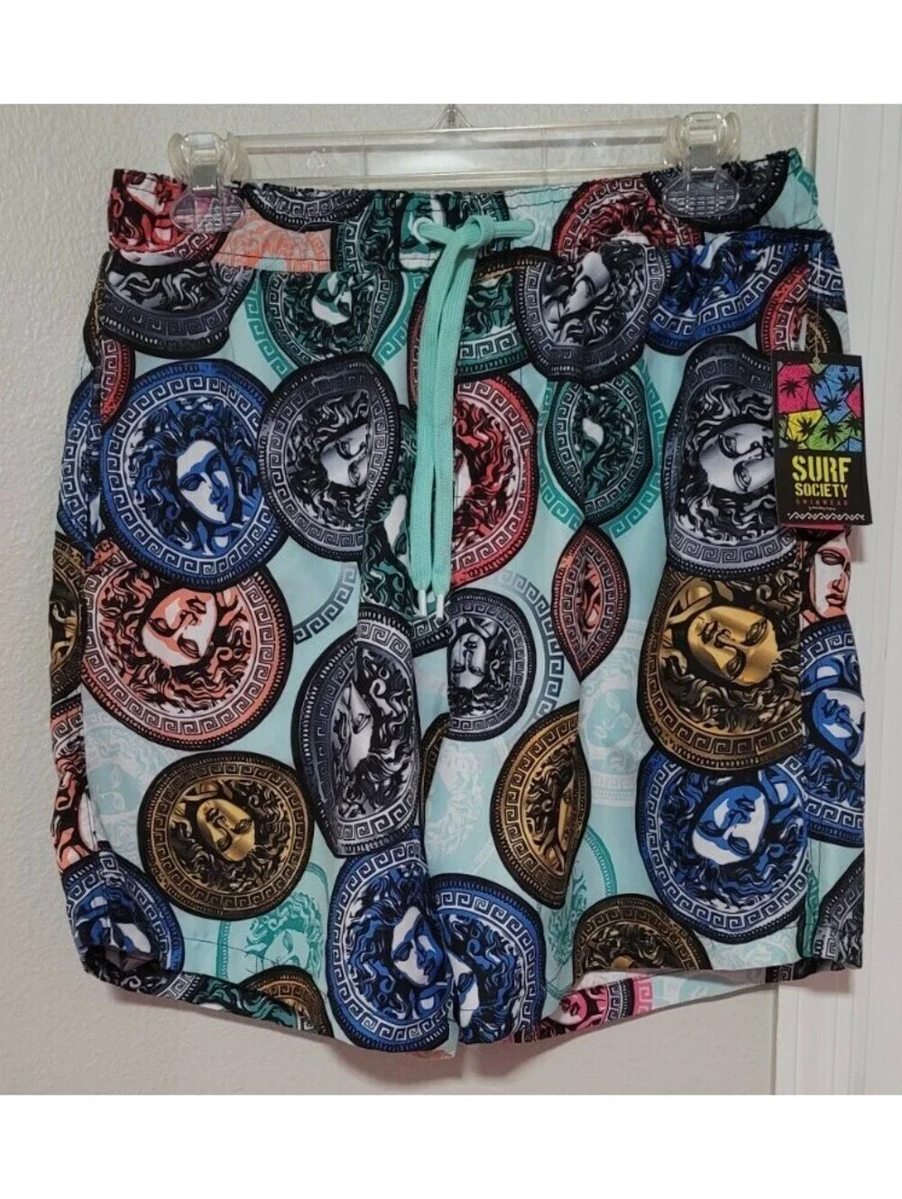 SURF SOCIETY MEDUSA HEAD COIN DRAWSTRING LINED SWIM BOARD SHORTS SIZE S MULTI